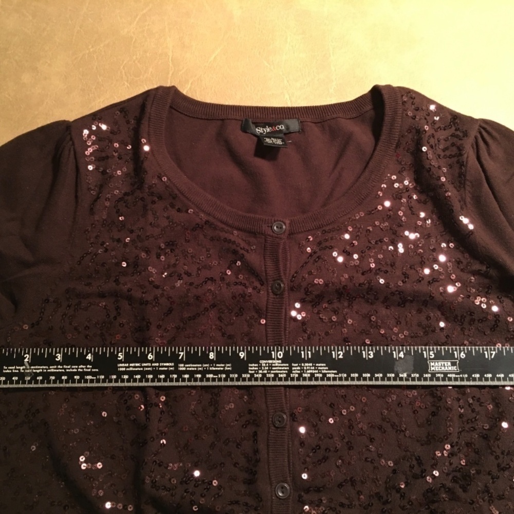 STYLE & CO. Cropped Cardigan Sweater, BROWN, Sequined, 3/4 Sleeves, Large, EUC - Picture 4 of 11
